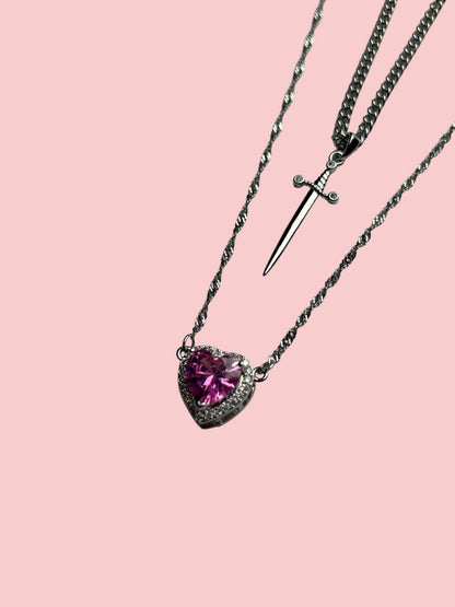 Set de colier din argint „Sabie Inimă Roz”