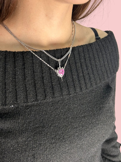 Set de colier din argint „Sabie Inimă Roz”